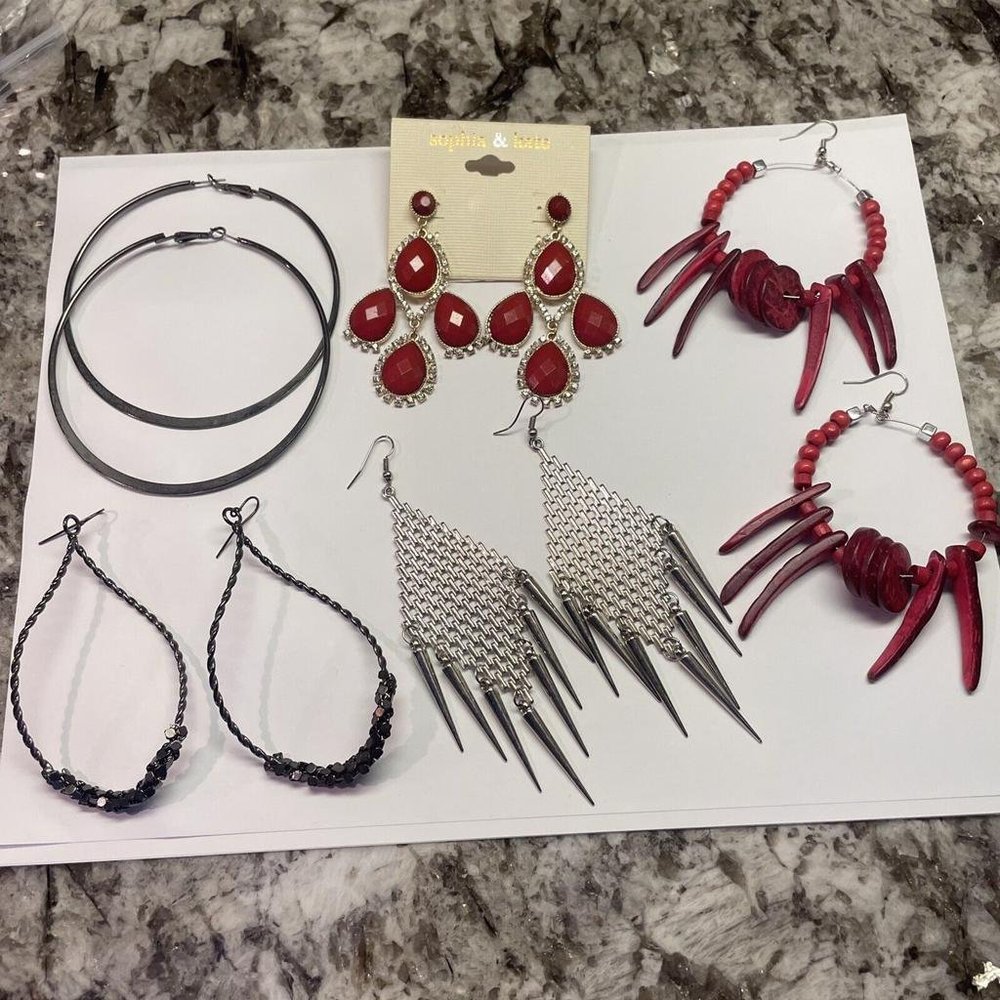 Lot Of 5 Large Statement Women’s Costume Earrings Pierced Dangle Drop / Hoop